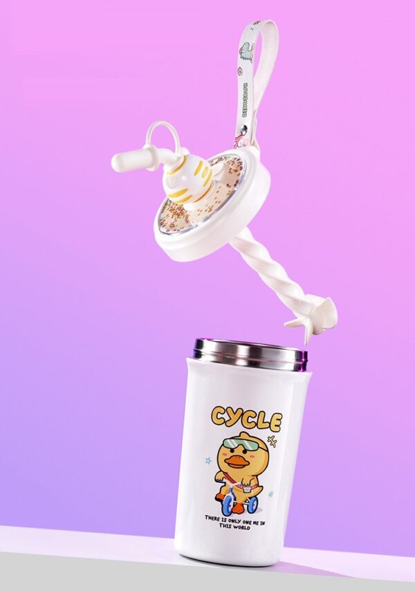 Adorable chick/duck-themed water bottle with straw and carrying strap.