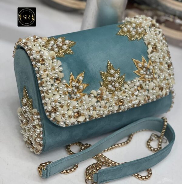 Handcrafted Light BLUE Velvet Pearl Embellished Clutch