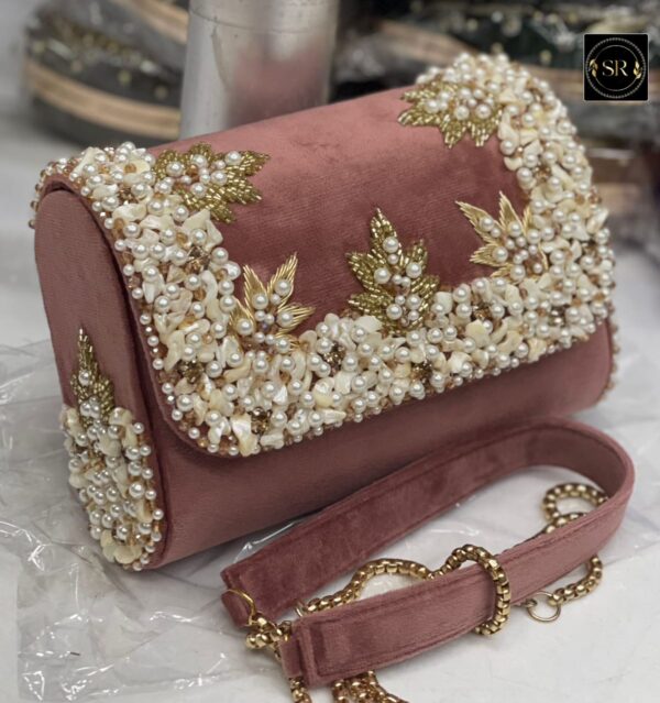 Handcrafted Blush PINK Velvet Pearl Embellished Clutch