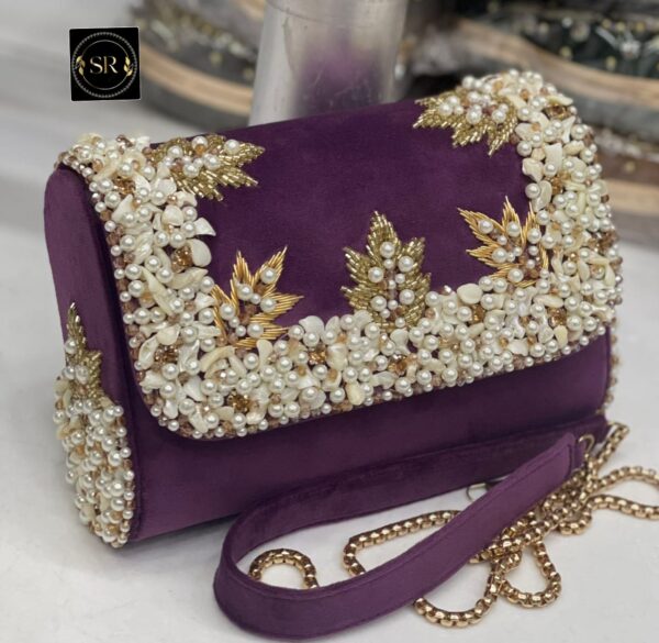Handcrafted Royal Purple Velvet Pearl Embellished Clutch