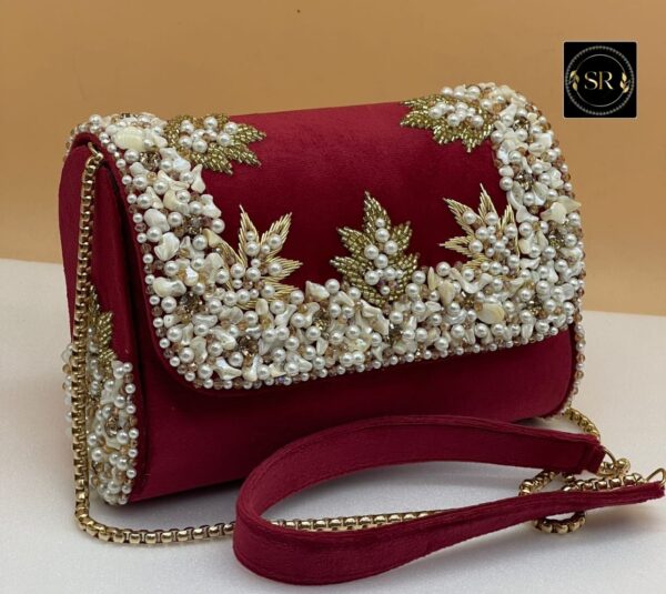Handcrafted RED Velvet Pearl Embellished Clutch