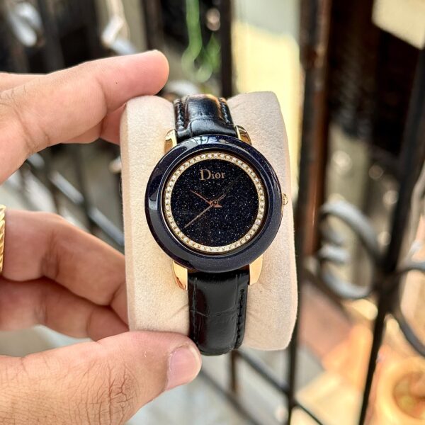 Dior Women's Watch with Dark Dial, Crystal Bezel, and Leather Strap