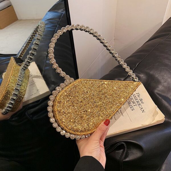 Golden Glitter Half-Moon Clutch with Rhinestone Handle