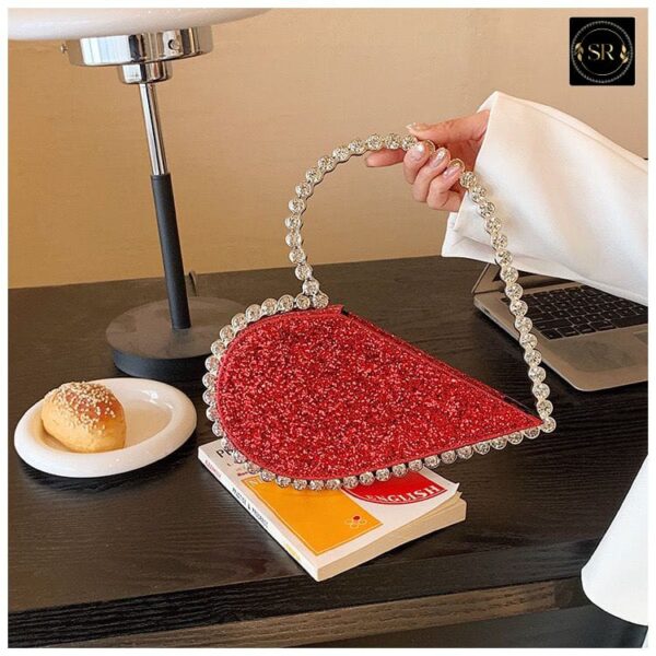 Red Glitter Half-Moon Clutch with Rhinestone Handle
