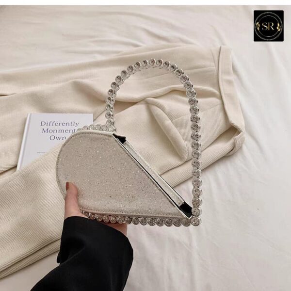 White Glitter Half-Moon Clutch with Rhinestone Handle